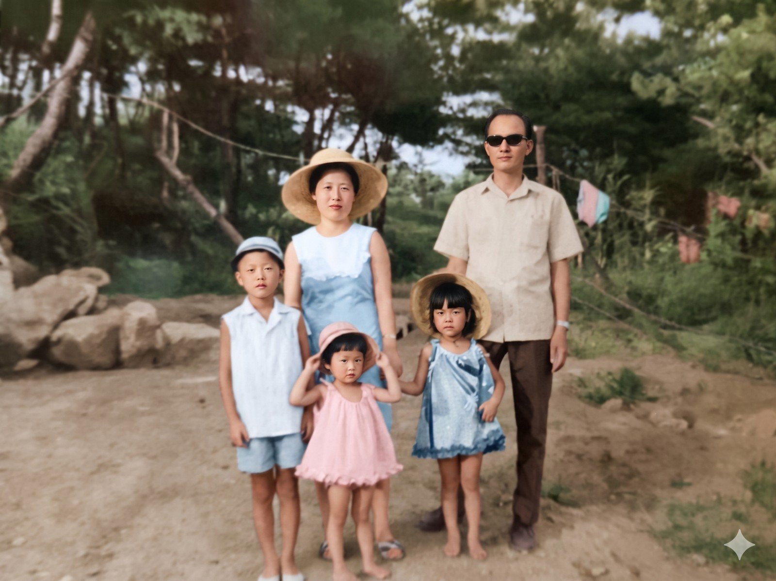 old family photo restored and colorized with AI, 1960s Korean family