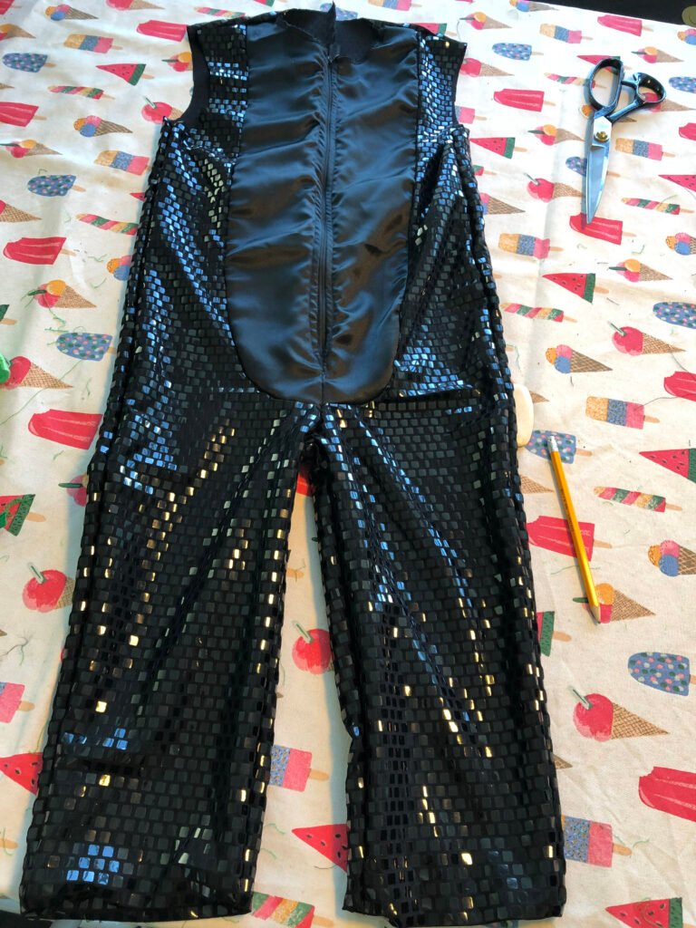 In-progress salamander costume body suit with sequined fabric and belly panel