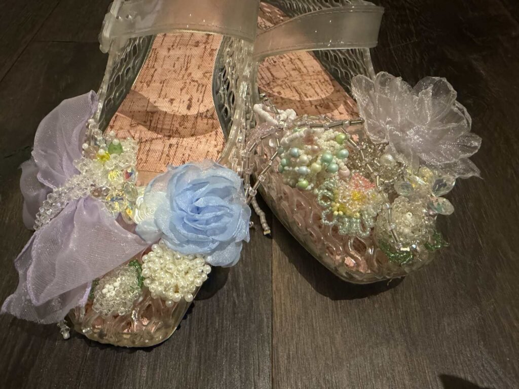 Customizable jelly shoes from NYUNYU Myeongdong Seoul with ribbon pearl beads