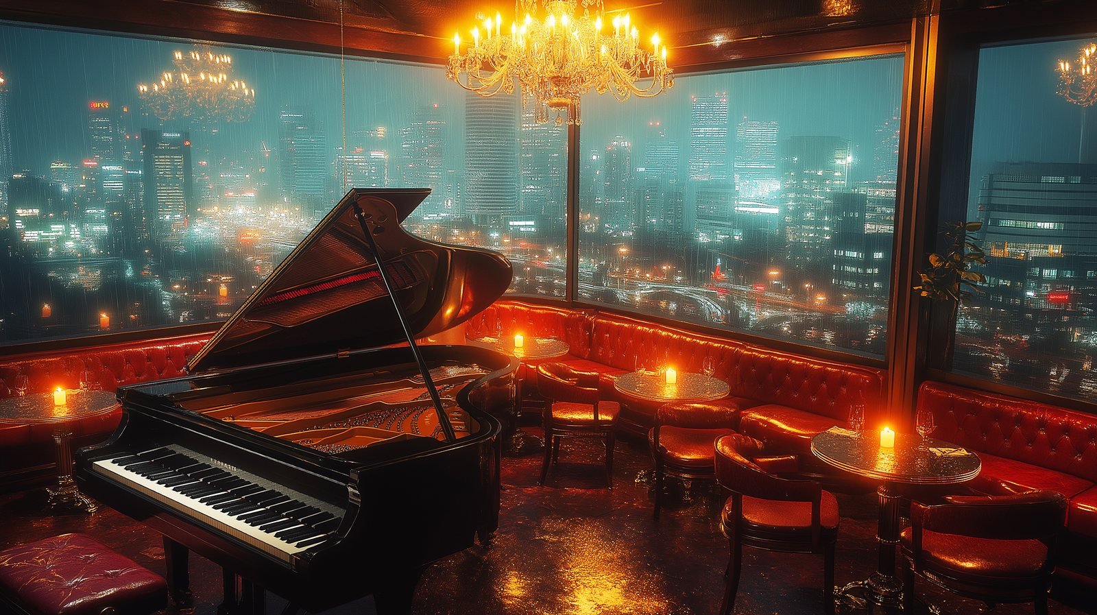 An AI-generated vintage jazz bar interior in warm low light