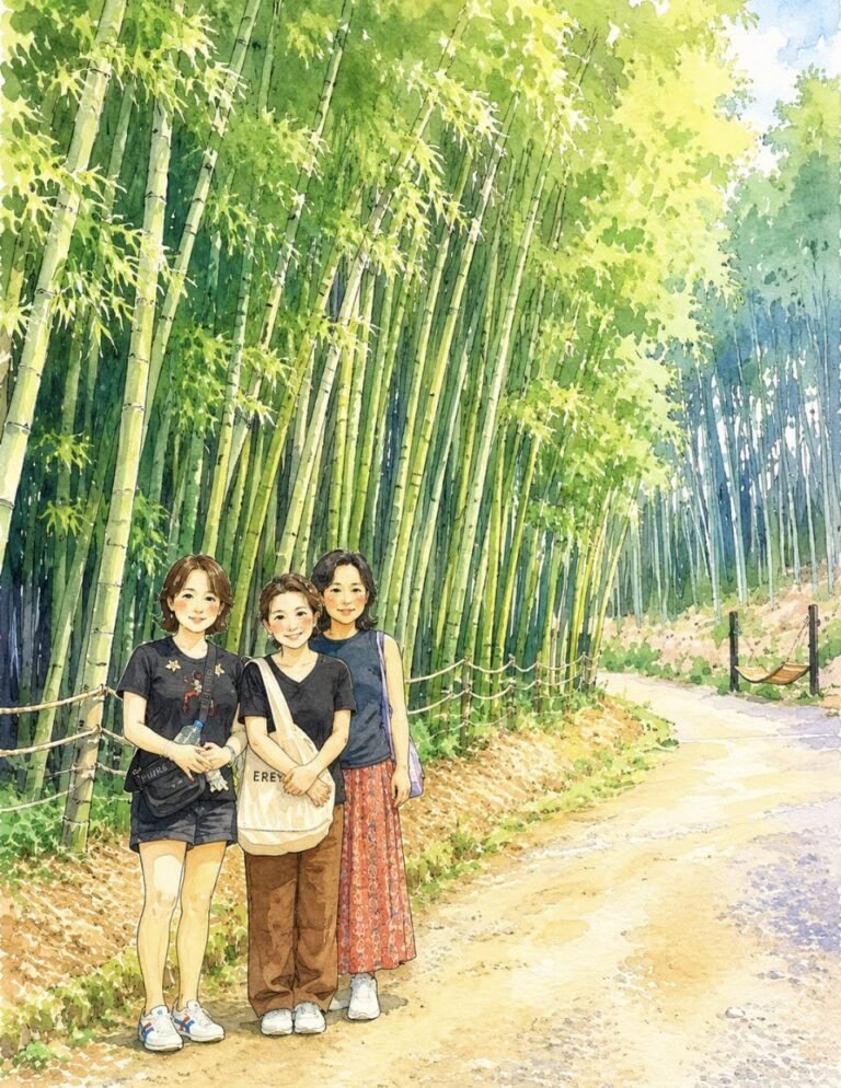 An illustrated portrait of three friends on a path through the bamboo forest in Damyang