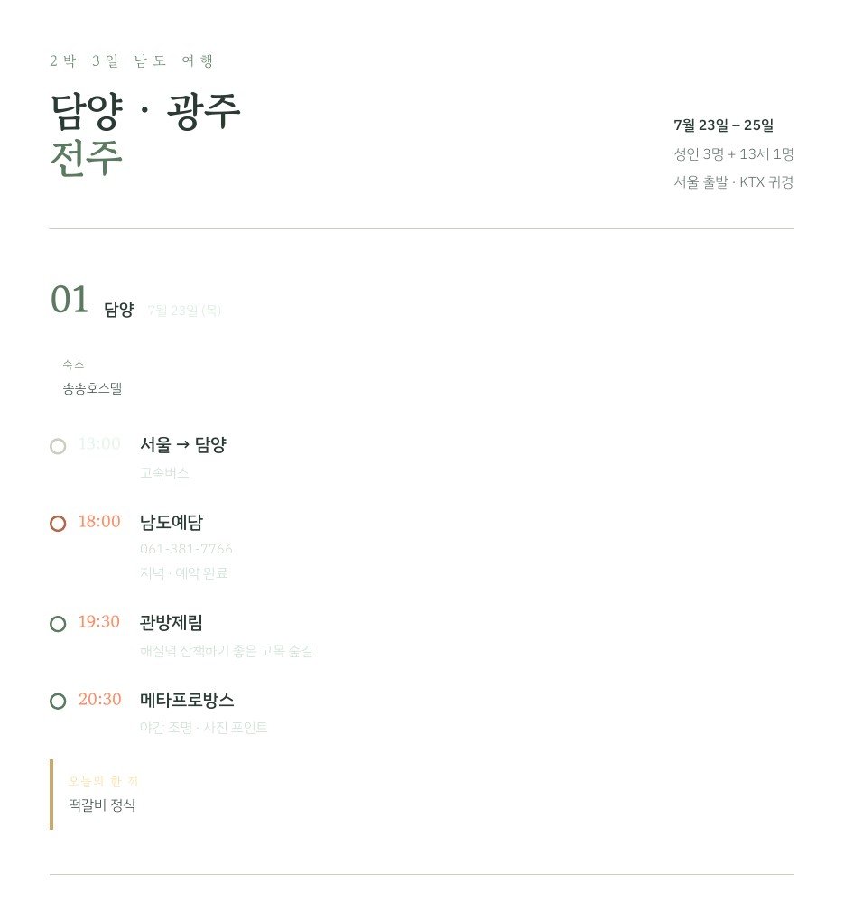 A three-day AI-generated travel itinerary for Damyang and Jeonju, laid out by day with times and restaurants
