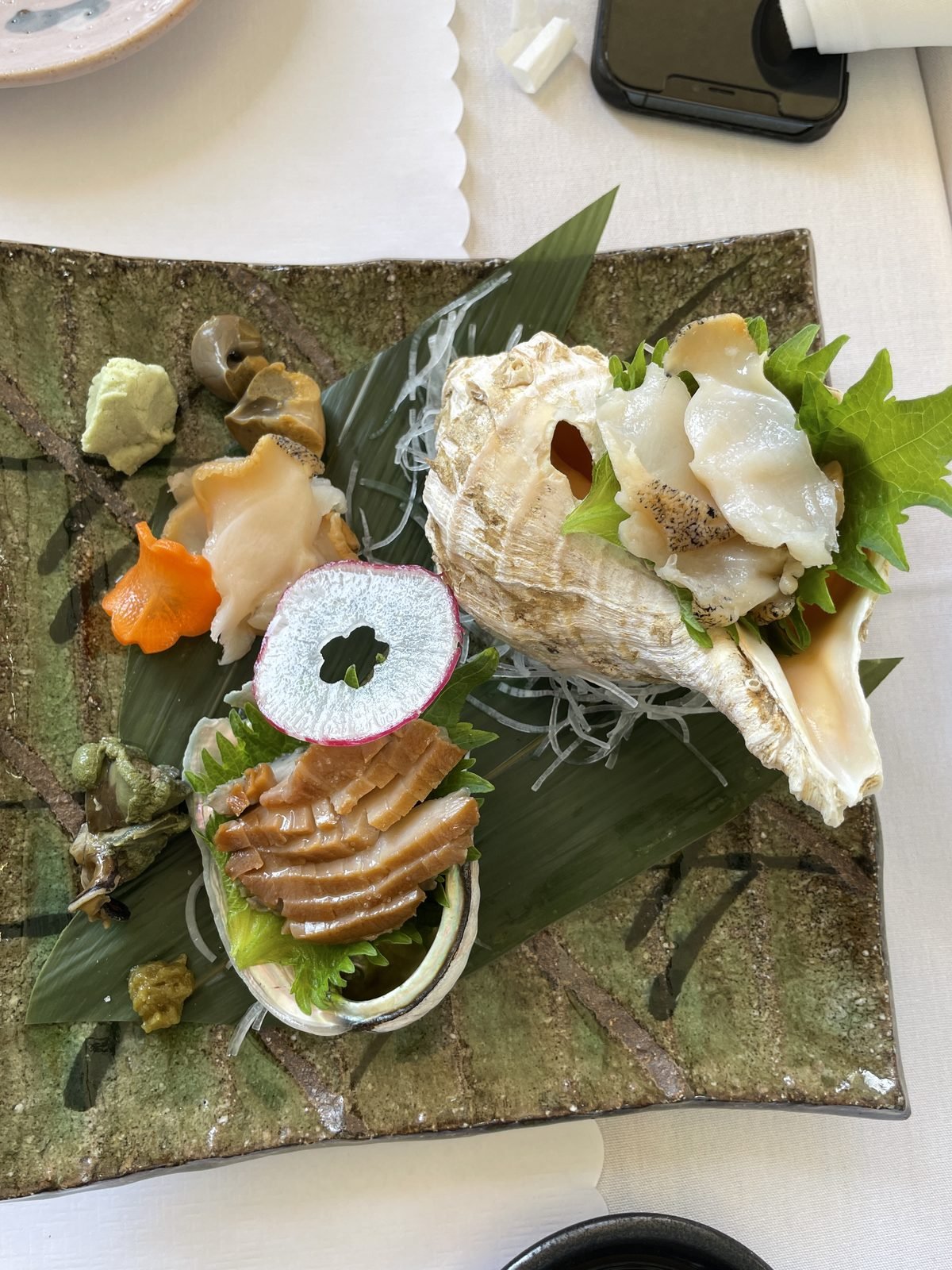 Assorted sashimi plate with shellfish and garnishes at Matsumoto sushi