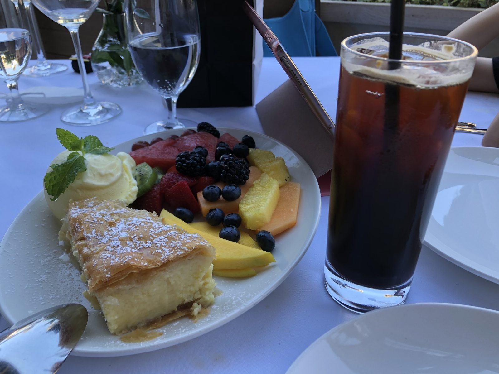 Cheesecake and iced tea at Avra Beverly Hills