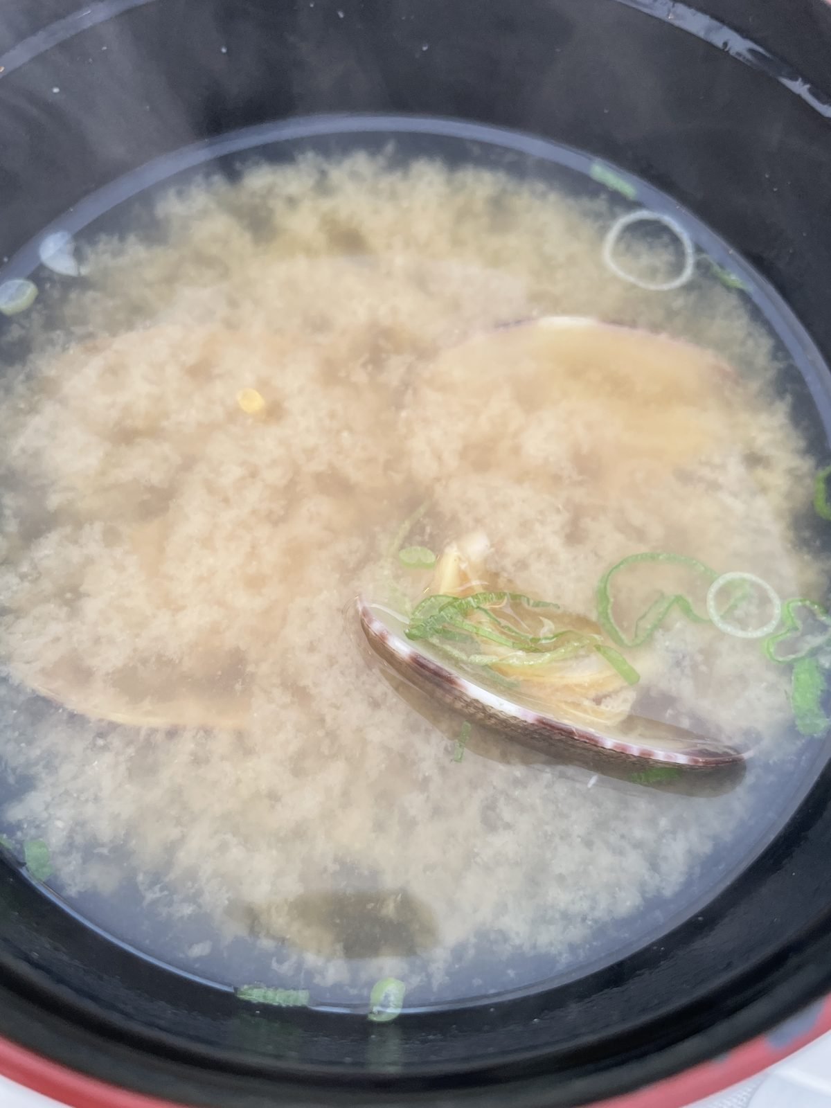 Clam miso soup served in a lacquer bowl at Matsumoto sushi