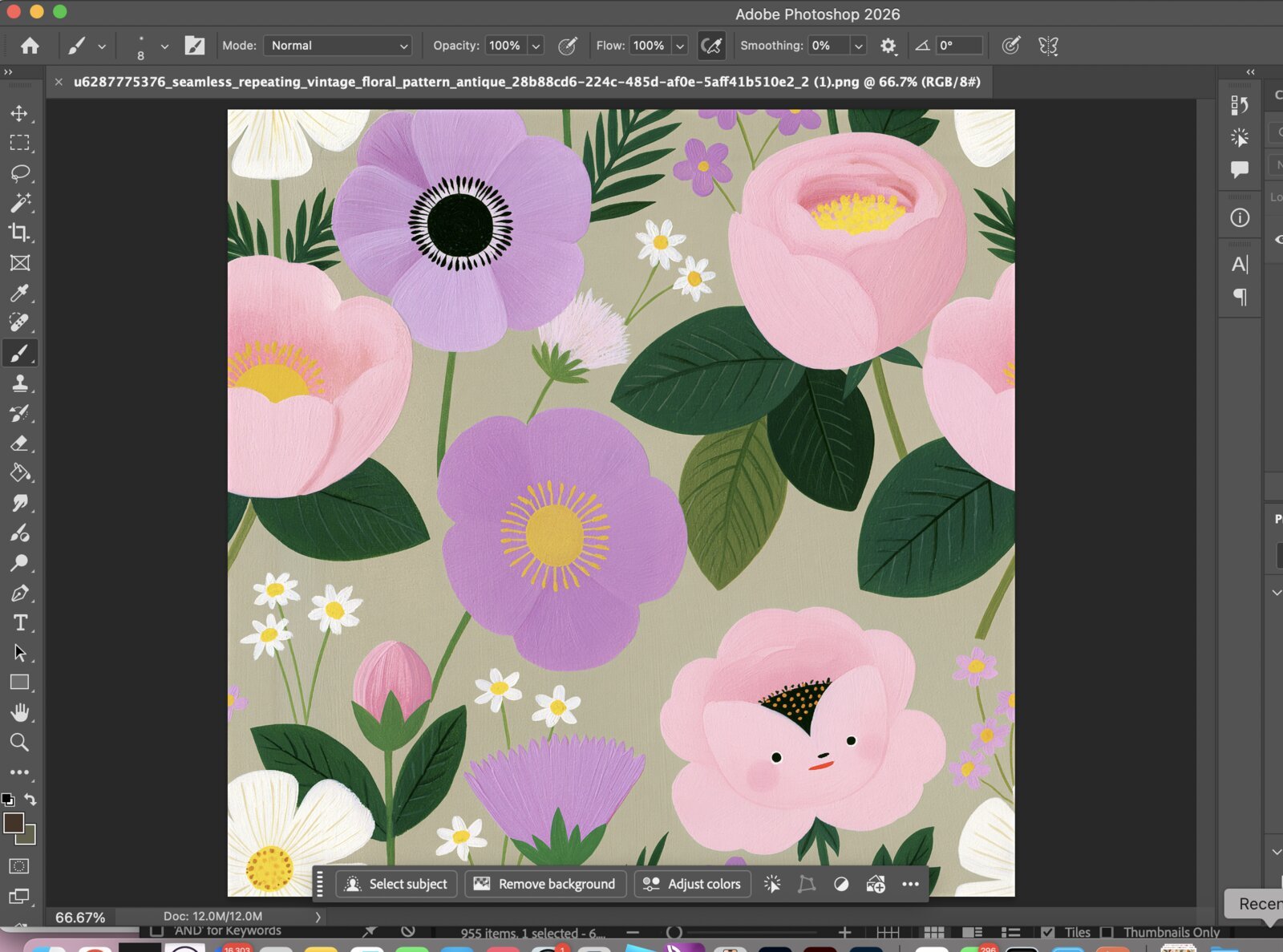 Cleaning up an AI-generated pattern in Photoshop before uploading to Spoonflower