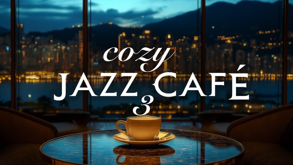 Cozy Jazz Cafe YouTube thumbnail with hand-set type over a night city window view