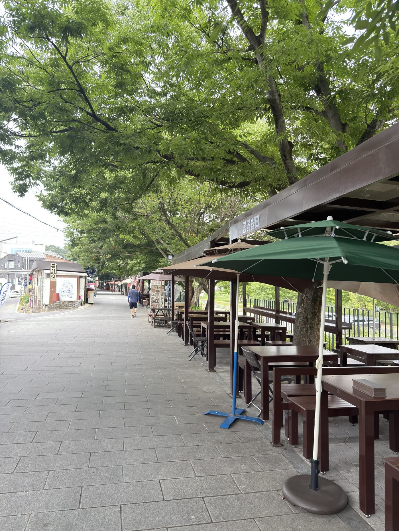 Rows of parasols and outdoor tables along Damyang Guksu Street, the town noodle street