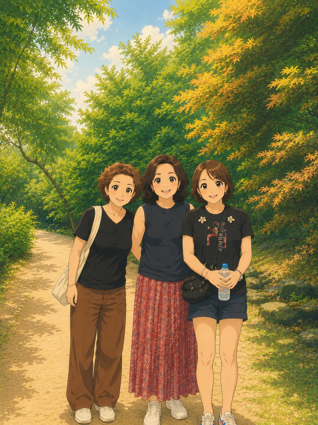 An illustrated portrait of three friends walking a tree-lined path in Damyang