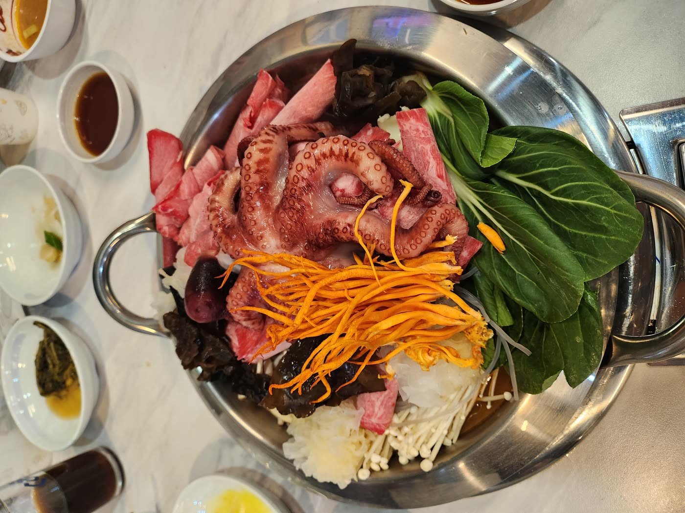 A seafood hot pot with octopus served at a restaurant in Jeonju