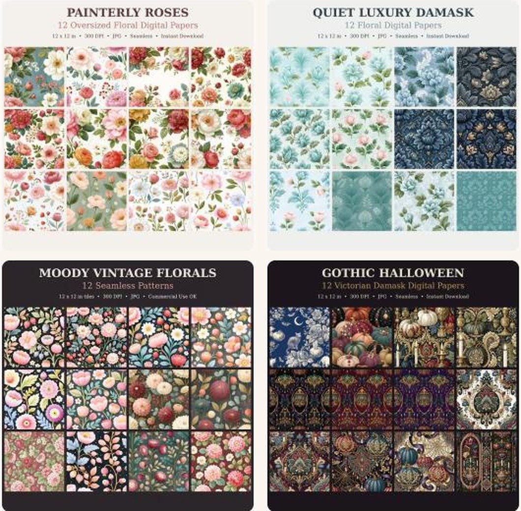 Four digital paper packs — grids of seamless floral, damask and plaid patterns