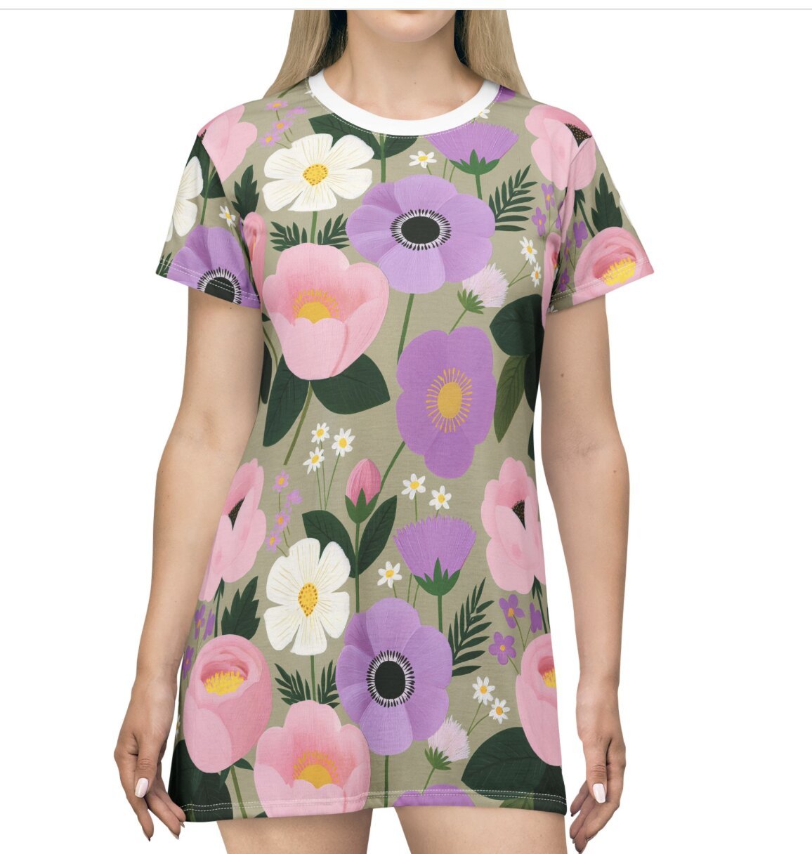 Fabric pattern previewed as a dress using a Printify mockup