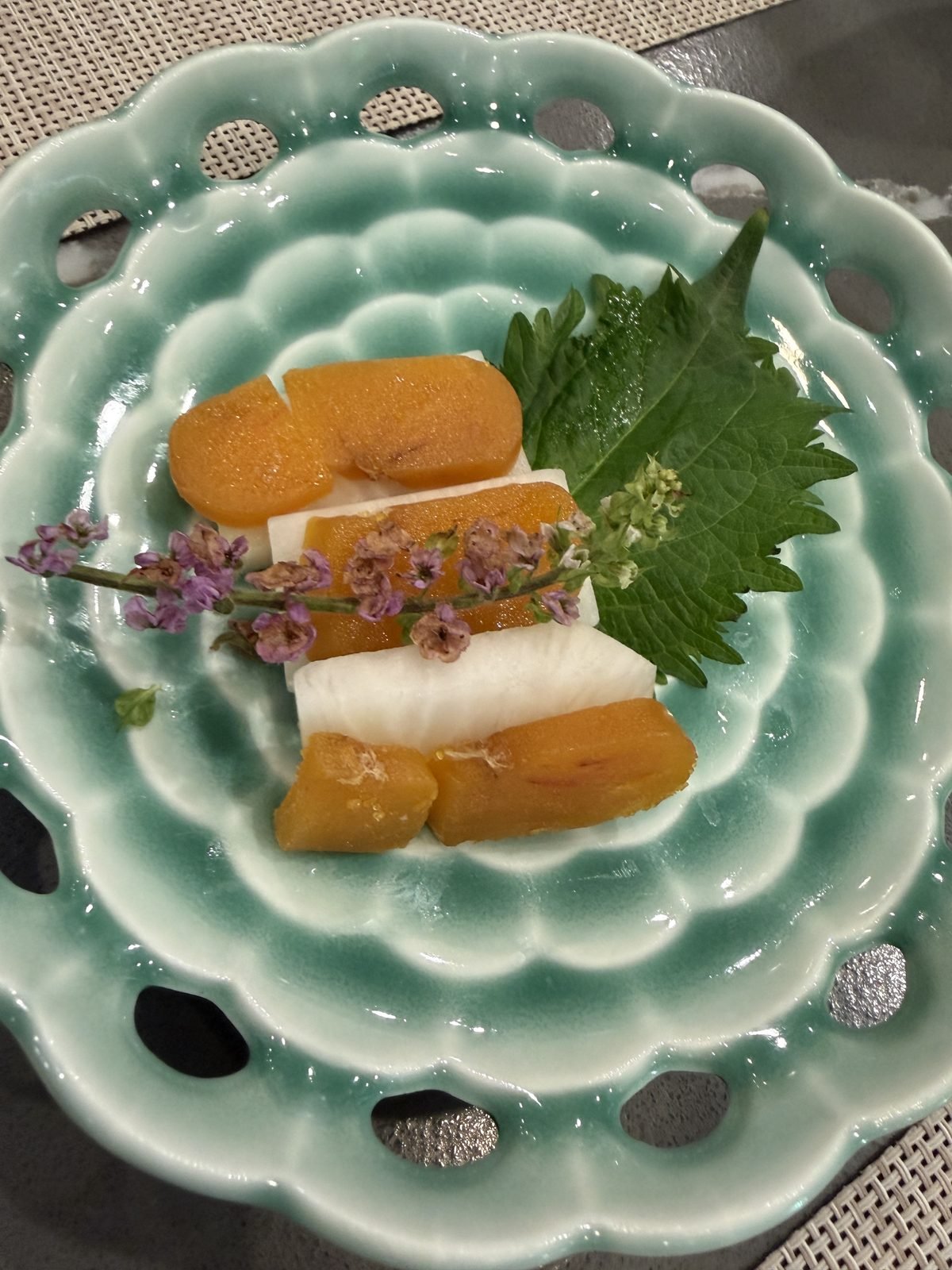 Karasumi cured mullet roe layered with daikon and shiso at Matsumoto sushi
