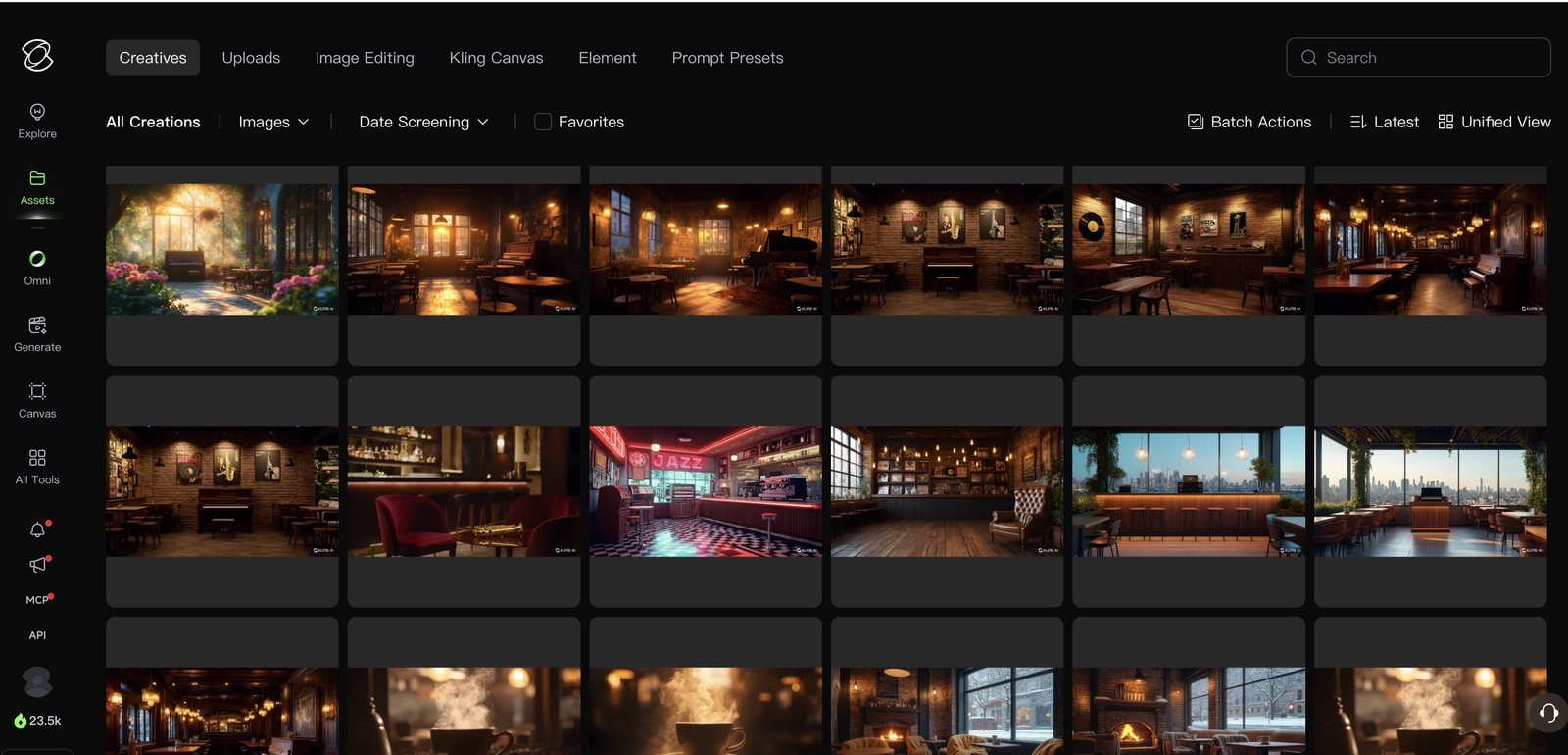 A grid of Kling-generated jazz bar interiors in warm low light