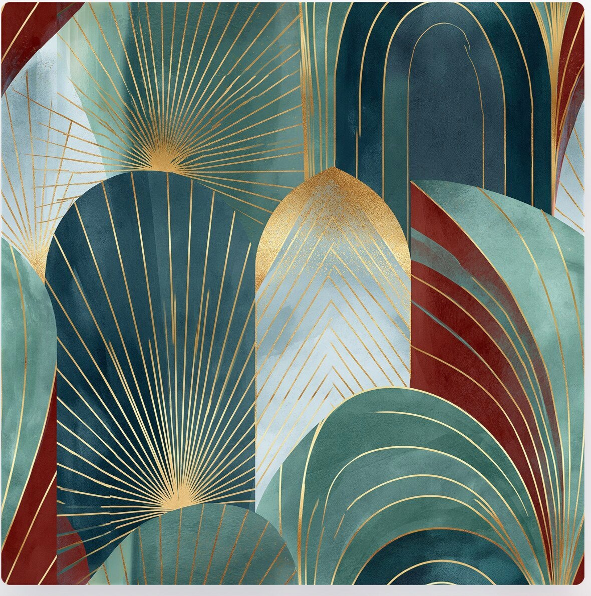 An art deco seamless pattern in teal, gold and deep red, printed on fabric