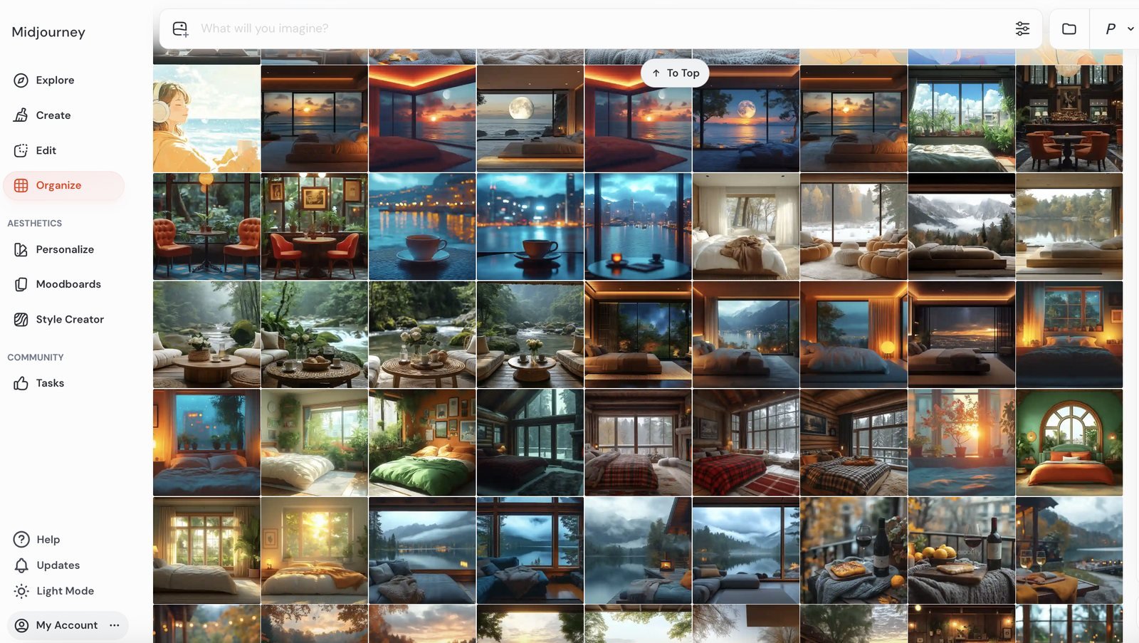 A grid of Midjourney-generated café and bar interiors