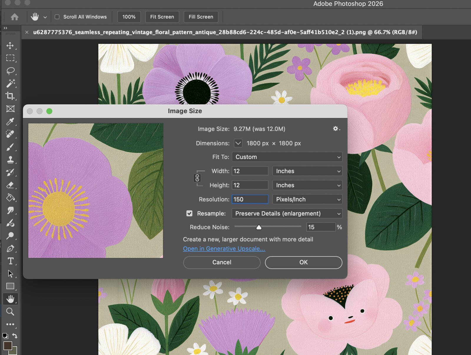 Photoshop Image Size dialog set to 1800 x 1800 pixels at 150 DPI for Spoonflower
