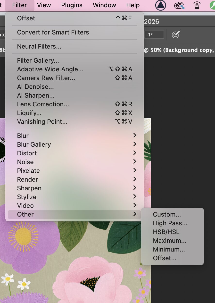 Photoshop Offset filter used to fix seams in an AI-generated fabric pattern