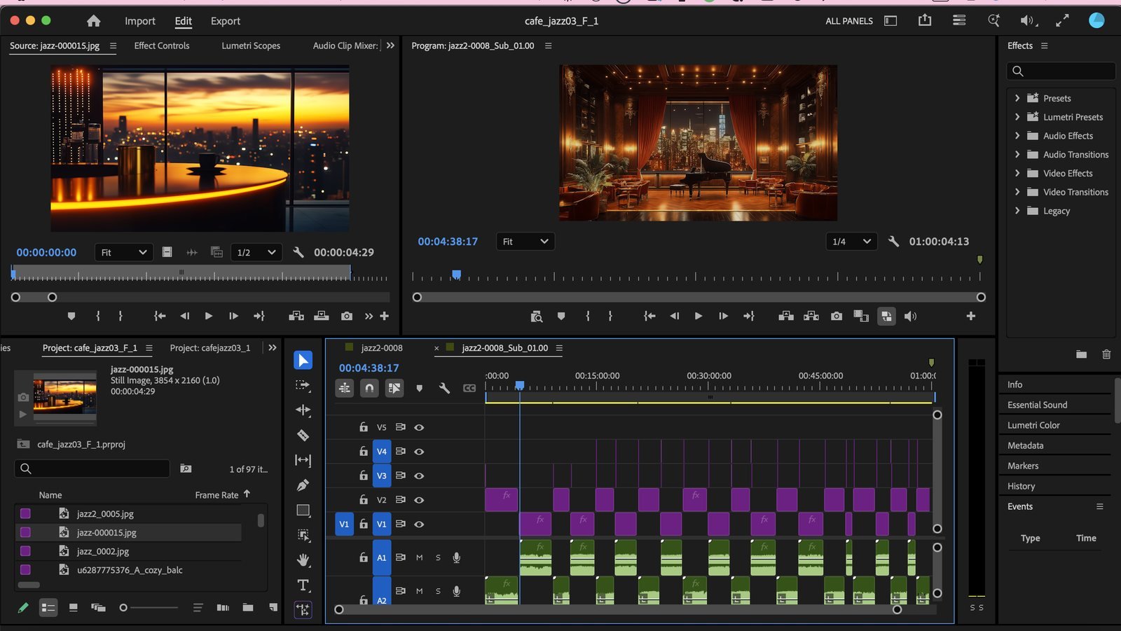 Premiere Pro timeline showing 24 image clips above 24 music tracks