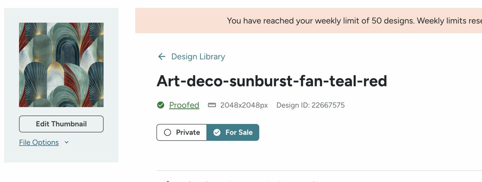 Spoonflower design page showing an AI art deco pattern listed for sale