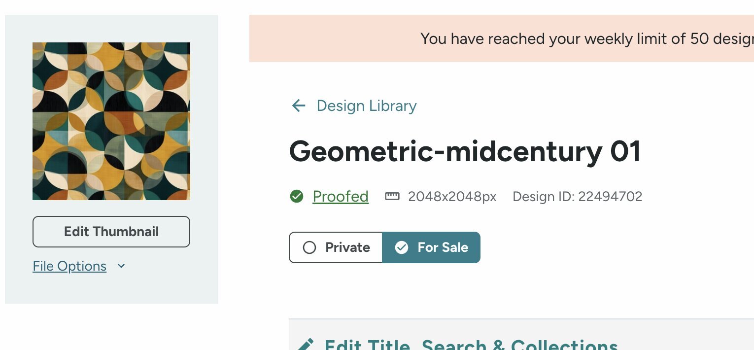 Spoonflower design page showing an AI mid-century geometric pattern for sale