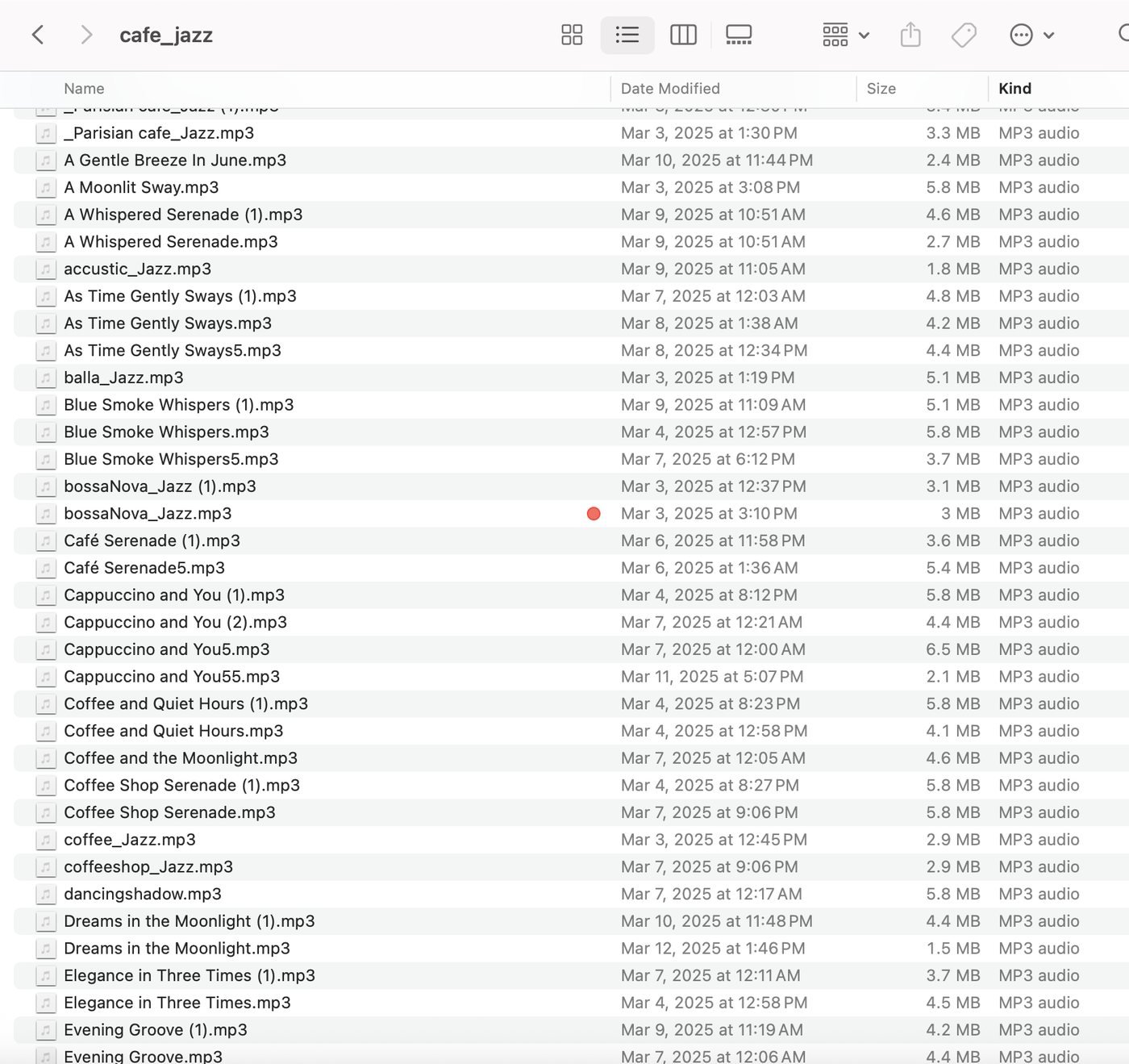 A Finder window showing 164 Suno mp3 files with repeated song names