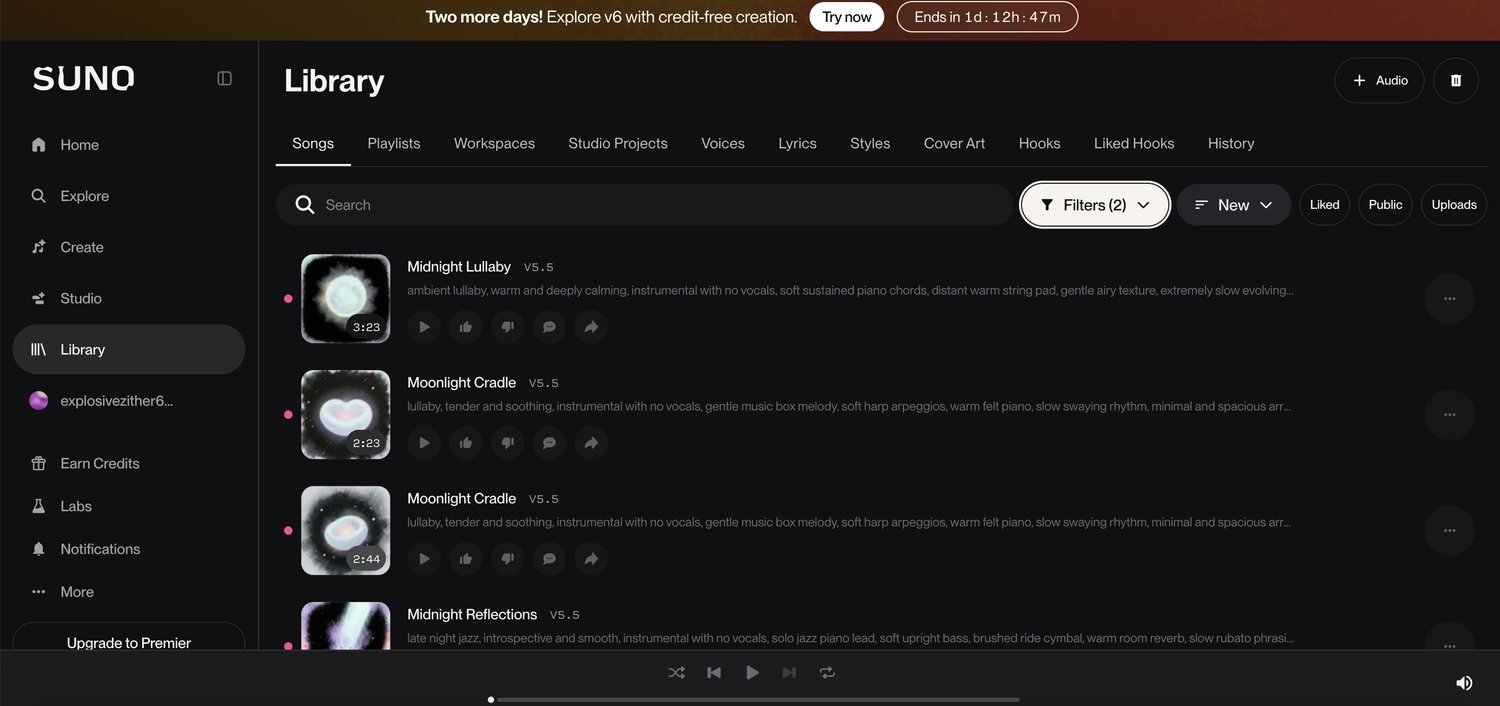 The Suno library in 2026 showing generated instrumental tracks and their prompts