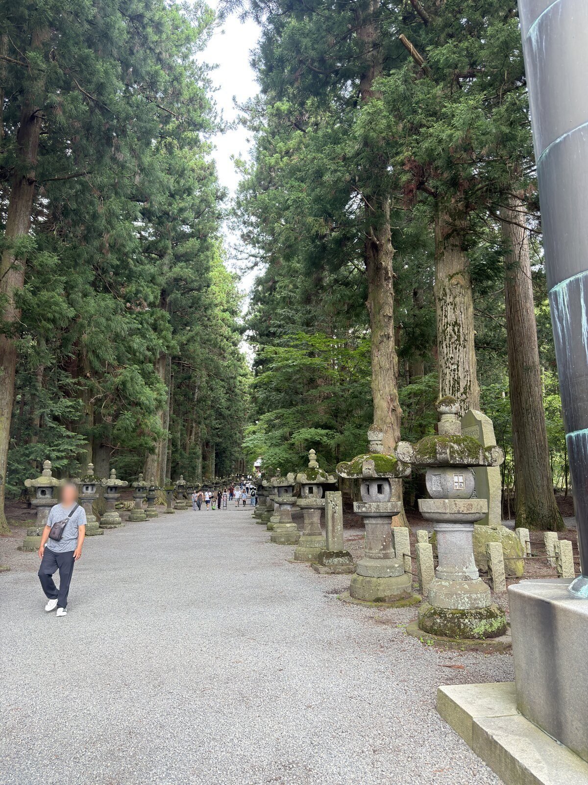 A visitor walking the stone lantern avenue at Fuji Sengen Shrine