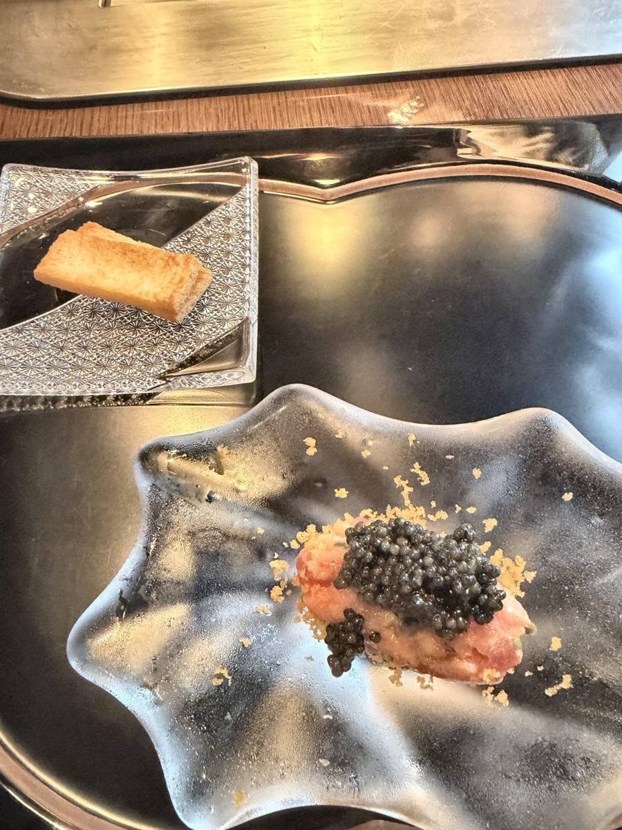 Tokyo Ginza Ukai-tei caviar amuse-bouche on a glass plate