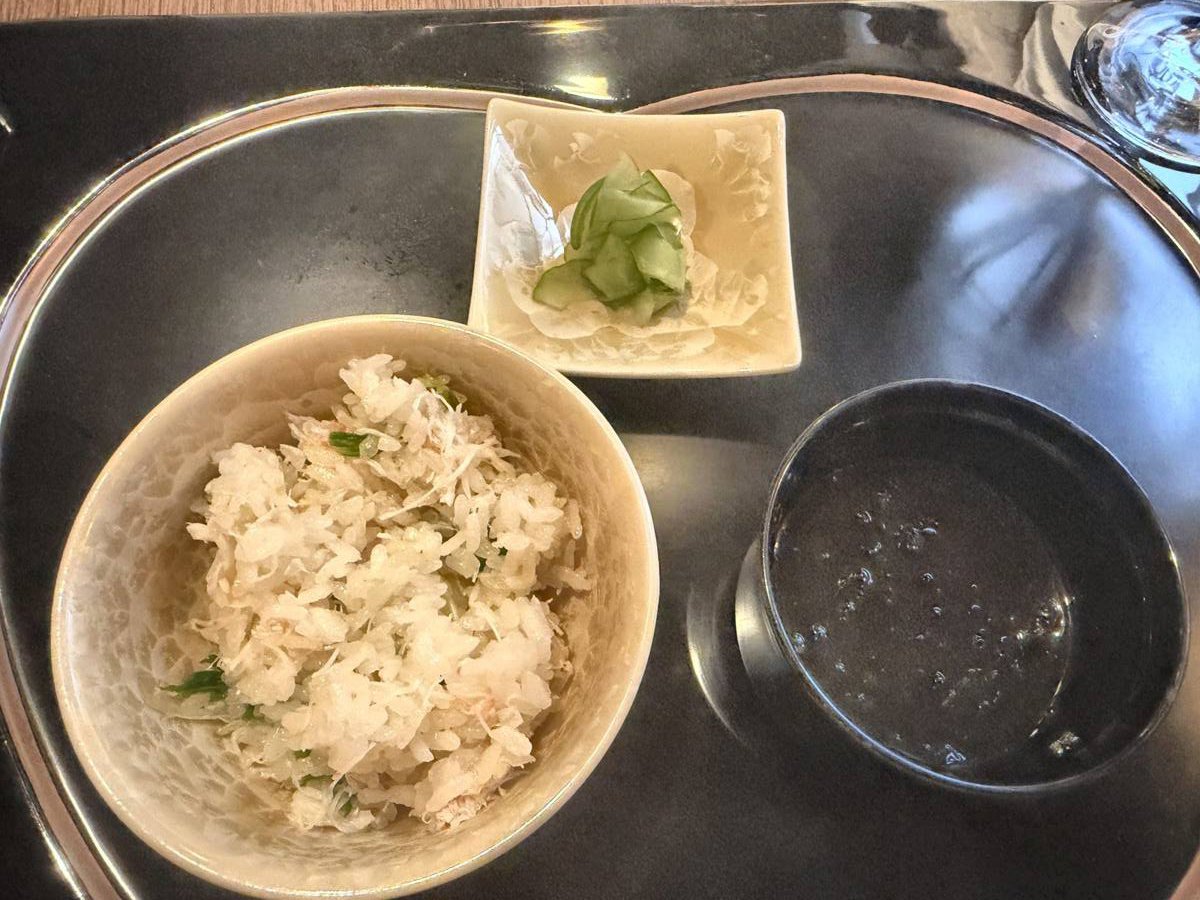 Tokyo Ginza Ukai-tei crab rice served with soup and pickles