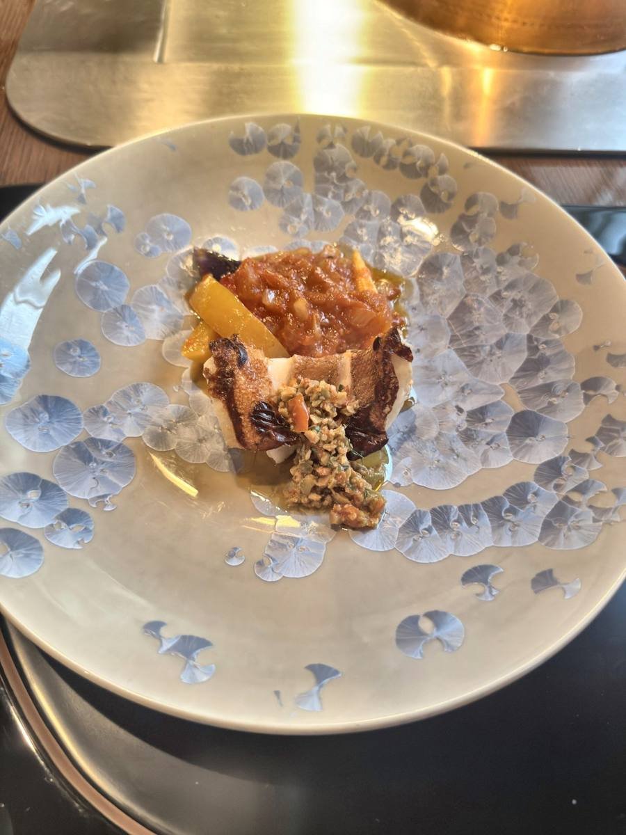 Tokyo Ginza Ukai-tei fish course with peppers and a herb crust