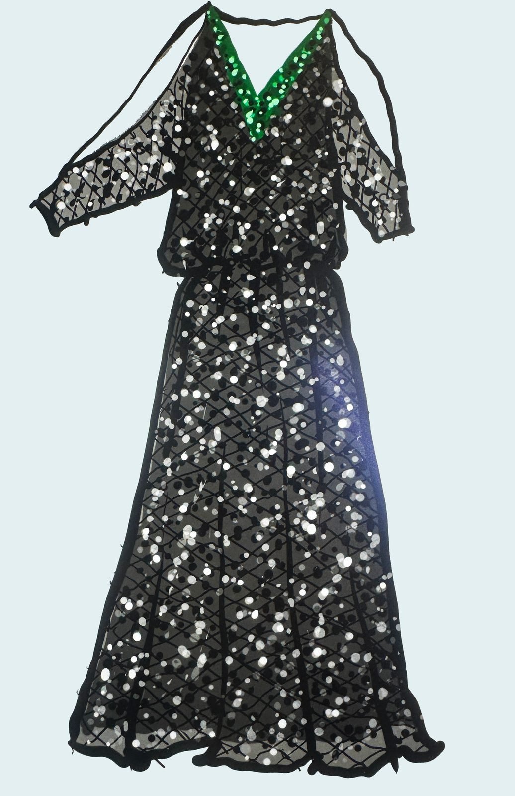 Handmade black sequinned gala gown with a green band at the neckline