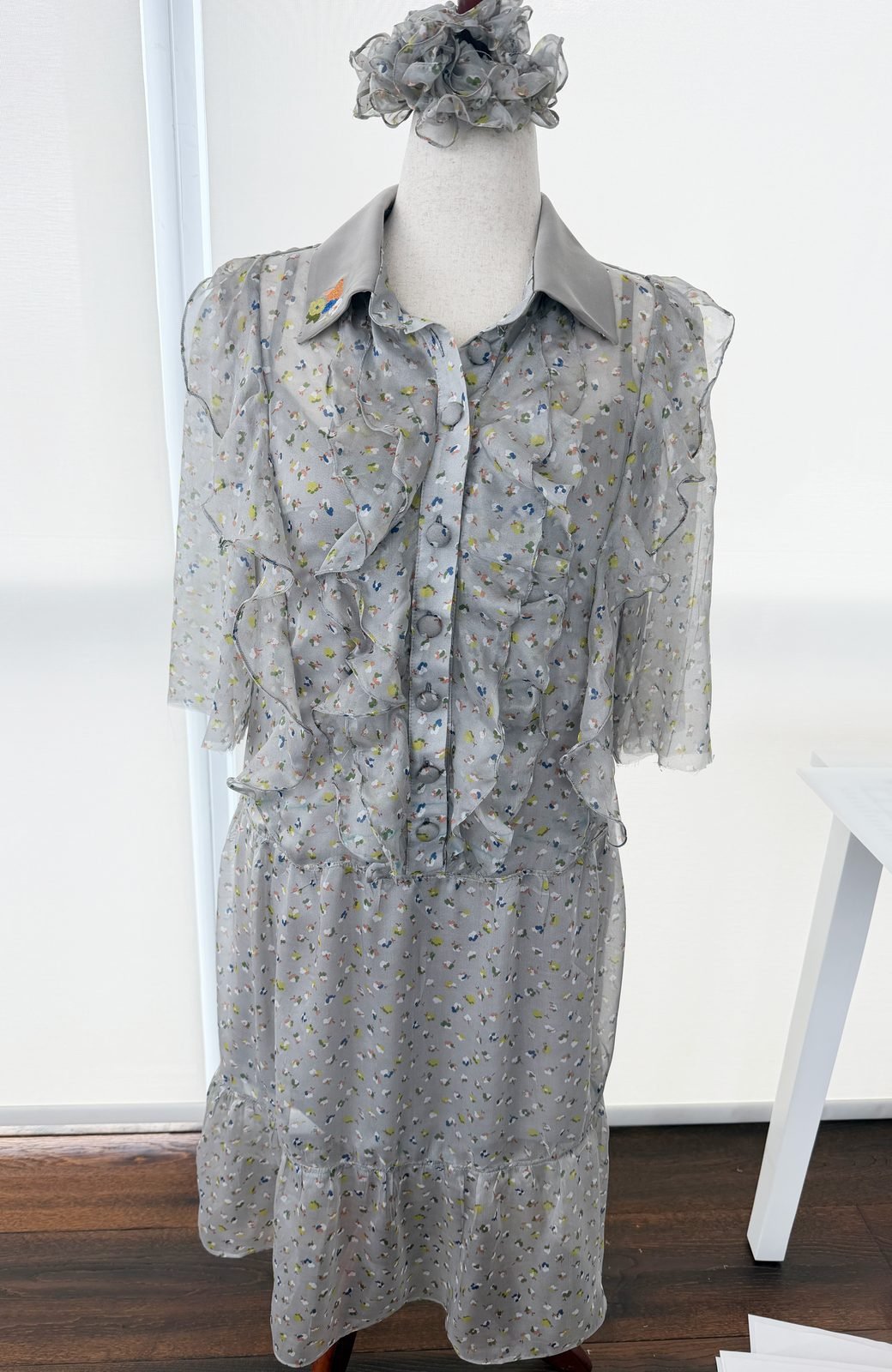 Handmade grey chiffon ruffle dress with a solid grey embroidered collar