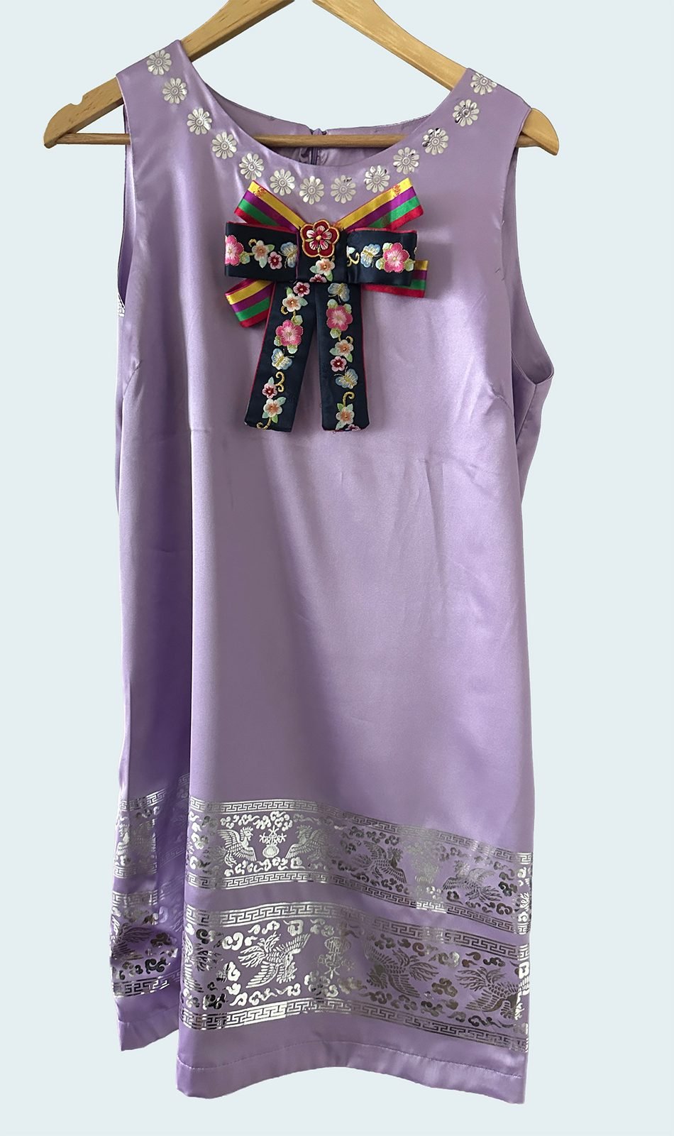 Handmade lavender satin dress with Korean silver leaf geumbak at the neckline and hem