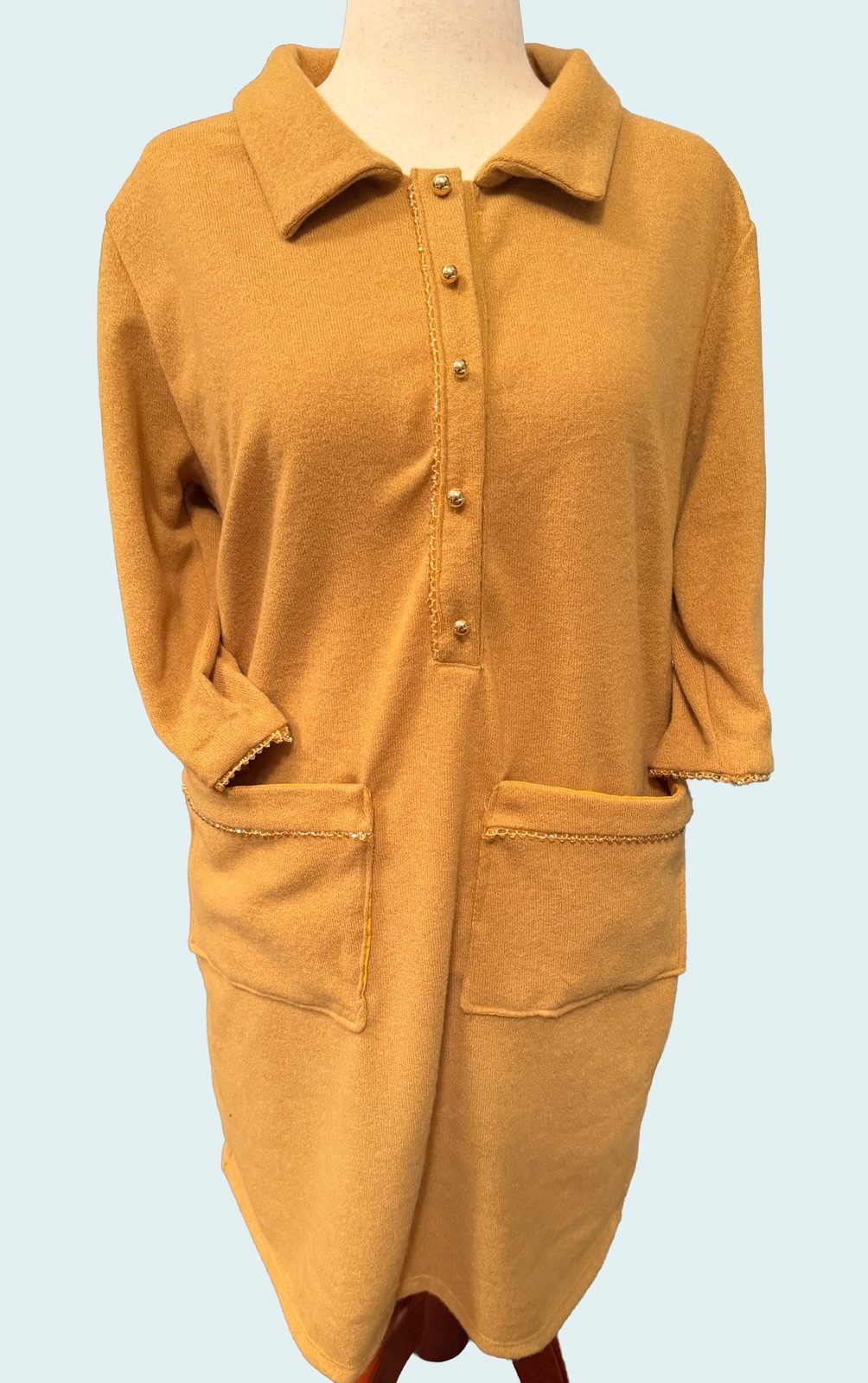 Handmade mustard knit winter dress with patch pockets