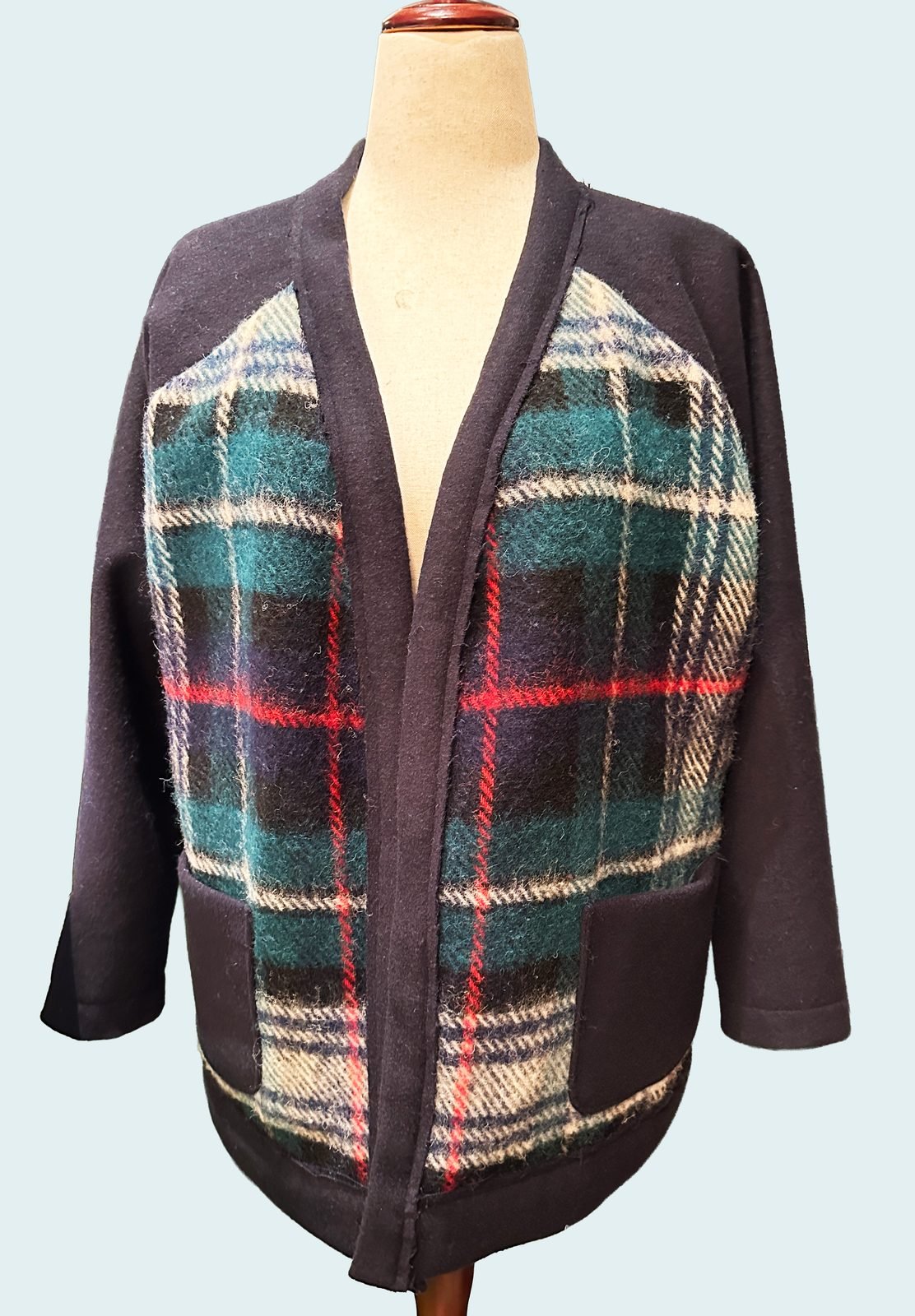 Handmade plaid wool cardigan sewn from thirty-year-old fabric