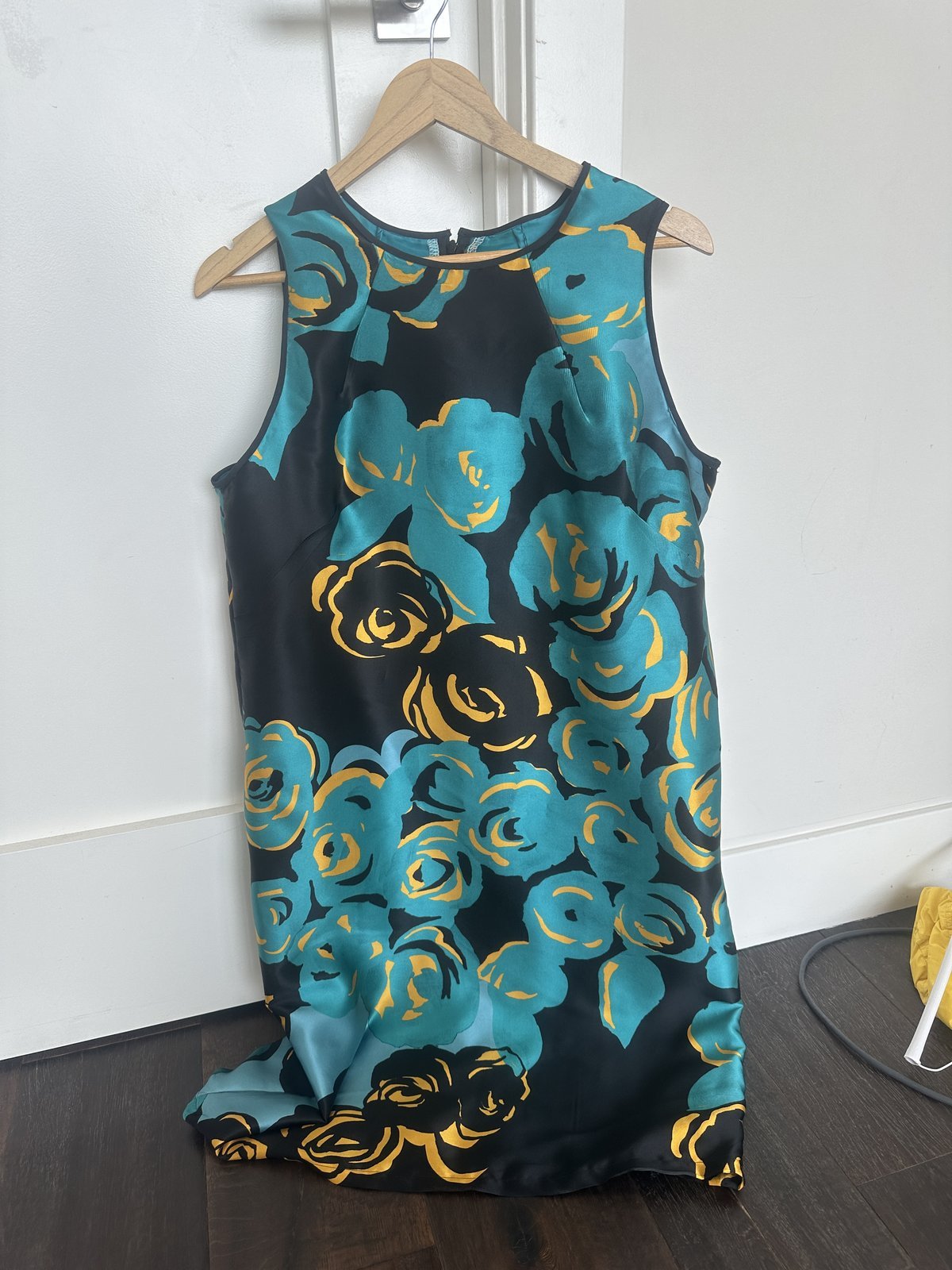 Handmade teal and gold rose print sleeveless dress