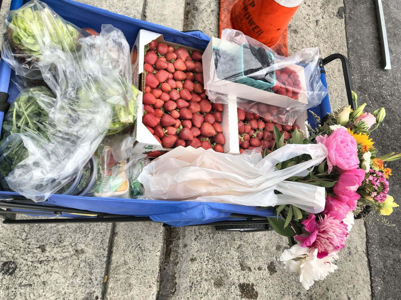 A folding cart loaded with strawberries, vegetables and flowers at the Hollywood Farmers Market