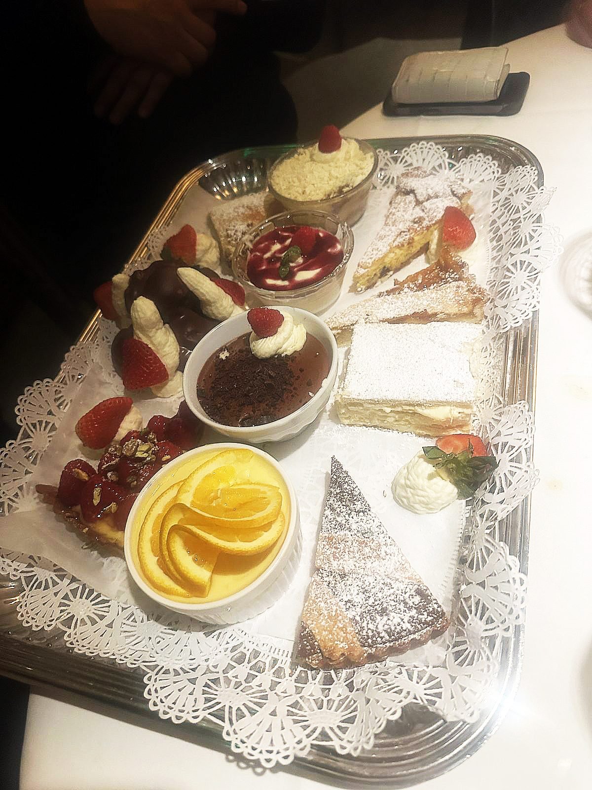 West Hollywood Madeo Ristorante dessert tray with cannoli, napoleon, tiramisu and fruit