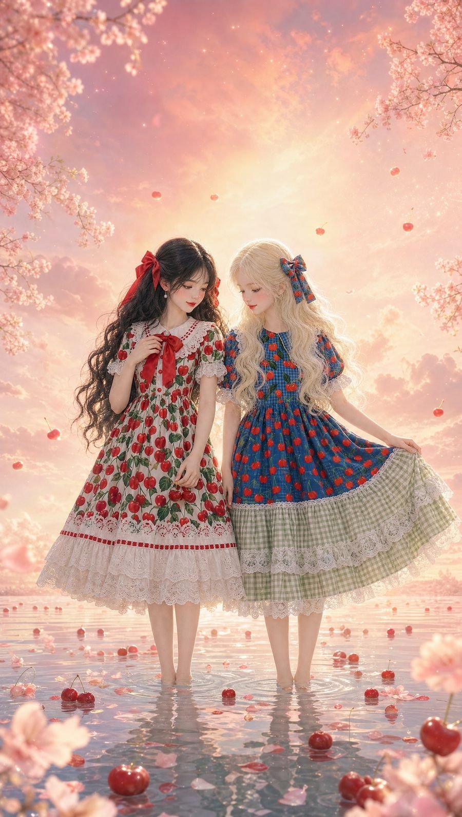 Pearl and Ruby walking hand in hand through shallow water in Cherry World, cherry blossoms falling