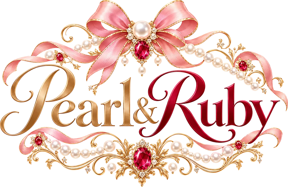 Pearl & Ruby logo with a pink ribbon, pearls and rubies