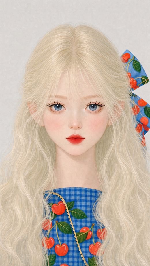 Pearl, with long wavy platinum hair, light blue eyes and a blue cherry bow