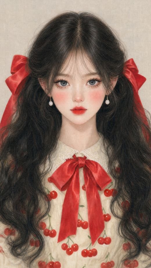 Ruby, with long wavy black hair, red satin bows and pearl earrings