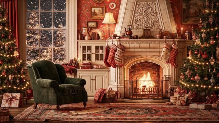 A vintage Christmas parlour with a lit fireplace, a green armchair and two decorated trees, snow falling outside the window